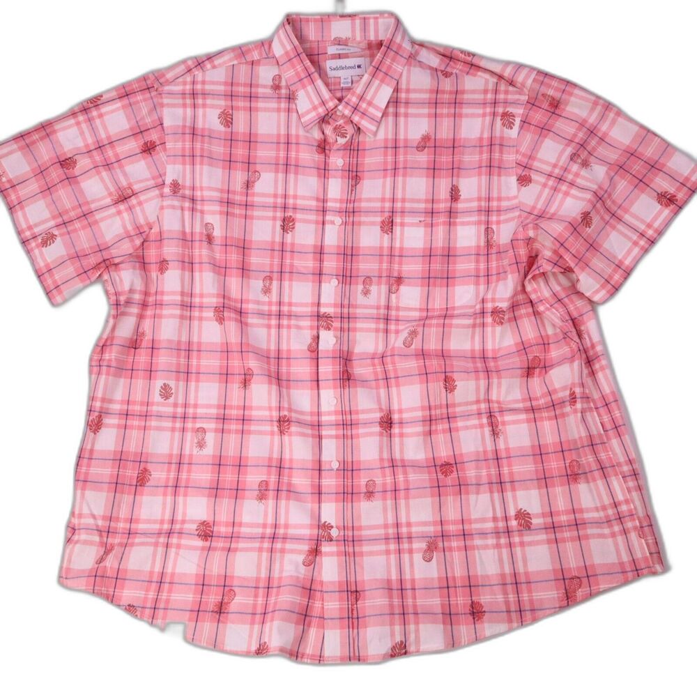 3XLT Button Front Short Sleeve Shirt Big & Tall Classic Fit Pink Saddlebred
